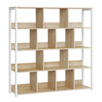 Estantería de Oficina, Estante de Almacenamiento, Estante de 4 Niveles, Estantería de 14 Compartimentos, Adecuada para Oficinas, Estudios y Salas de Estar, 120x30x120 cm, Color Madera Quemada/Veta de Madera Clara + Blanco