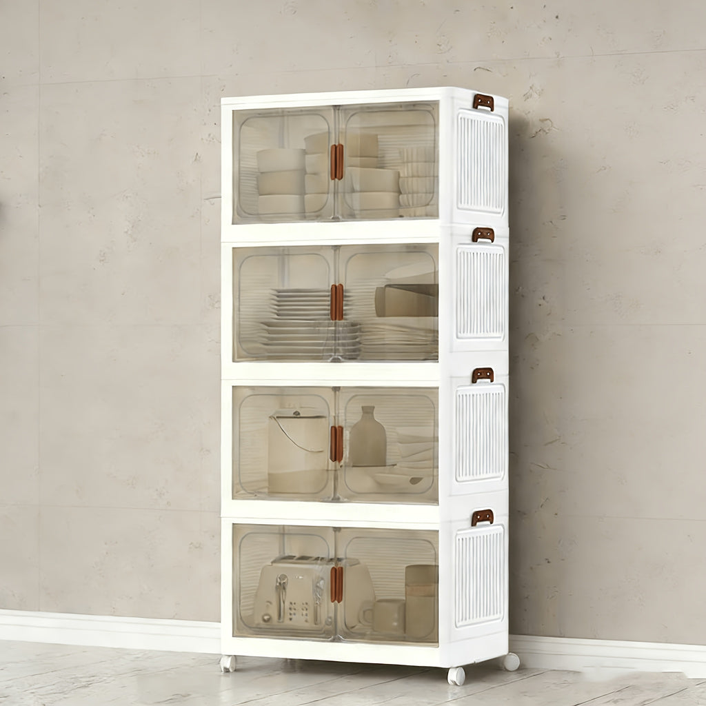 Armario de almacenamiento plegable de plástico resistente extra grande de 50 cm con puertas - Organizador plegable con movilidad de 4 ruedas, diseño de 2/3/4/5 capas, armario de suelo que ahorra espacio con puertas delanteras y superiores transparentes pa