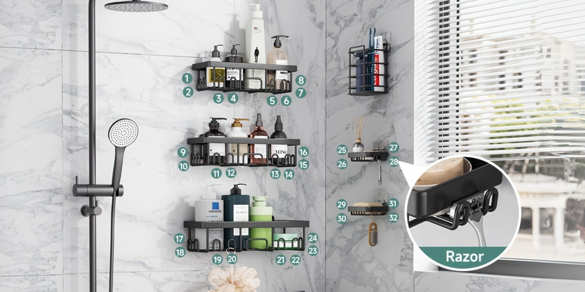 Juego de 6 estantes de ducha de acero inoxidable a prueba de óxido, organizador de baño adhesivo sin taladro, estantes de ducha que ahorran espacio para elementos esenciales de apartamento, baño, almacenamiento de cocina, decoración del hogar rentable, es