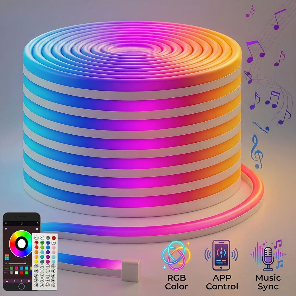 Tira de luz neón RGB, clasificación IP65, control remoto y control por APP disponible, color ajustable, sincronización APP con música, ideal para salas de juegos, dormitorios, decoraciones interiores para Navidad y Halloween.