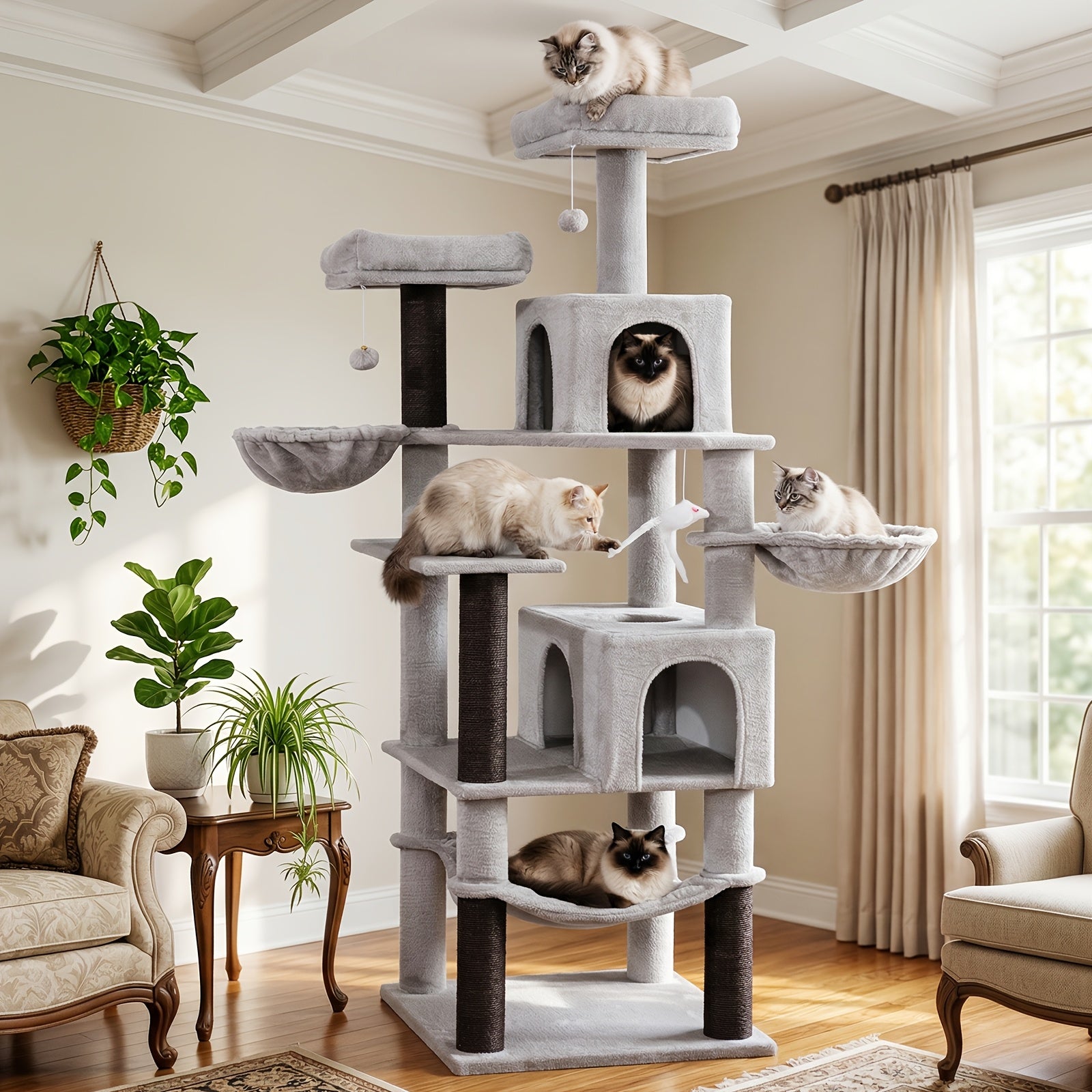 Rascador para gatos | AMHANCIBLE Árbol para gatos enorme, 180 cm, para gatos grandes adultos de interior, torre para gatos con 8 postes