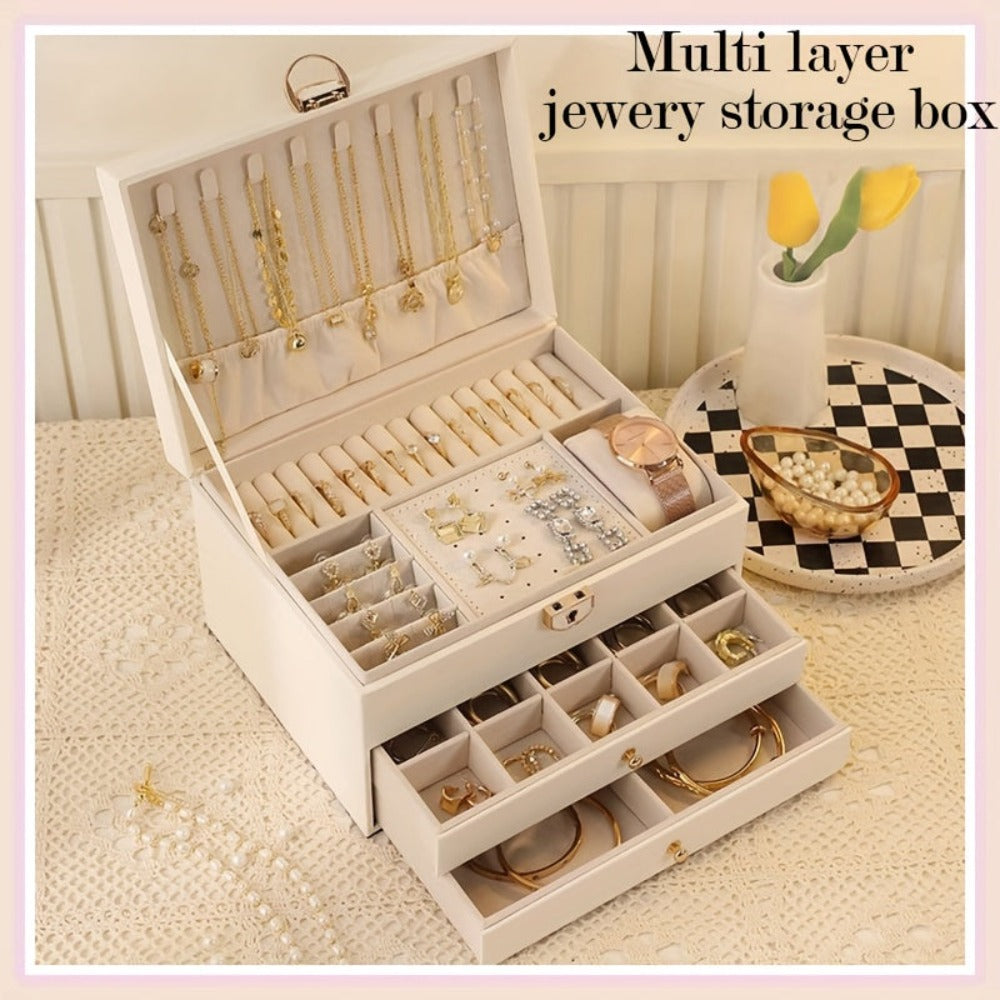 Joyero vintage de gran capacidad de piel sintética de PU con cajones - Múltiples niveles con forro suave, apto para collares, pendientes, anillos, escritorio para dormitorio, regalo de boda, San Valentín, Navidad, Día de la Madre, cajas de joyería