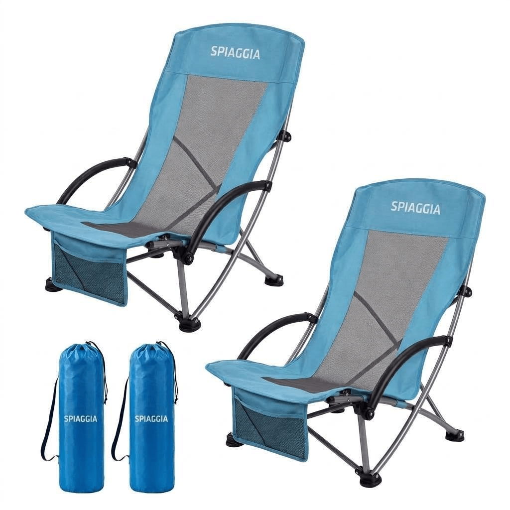 Silla de Playa Elevada, Sillas de Playa Plegables Portátiles, Ligera con Portavasos, Bolsillo de Almacenamiento y Bolsa de Transporte, Perfil para Camping, Playa, Viajes