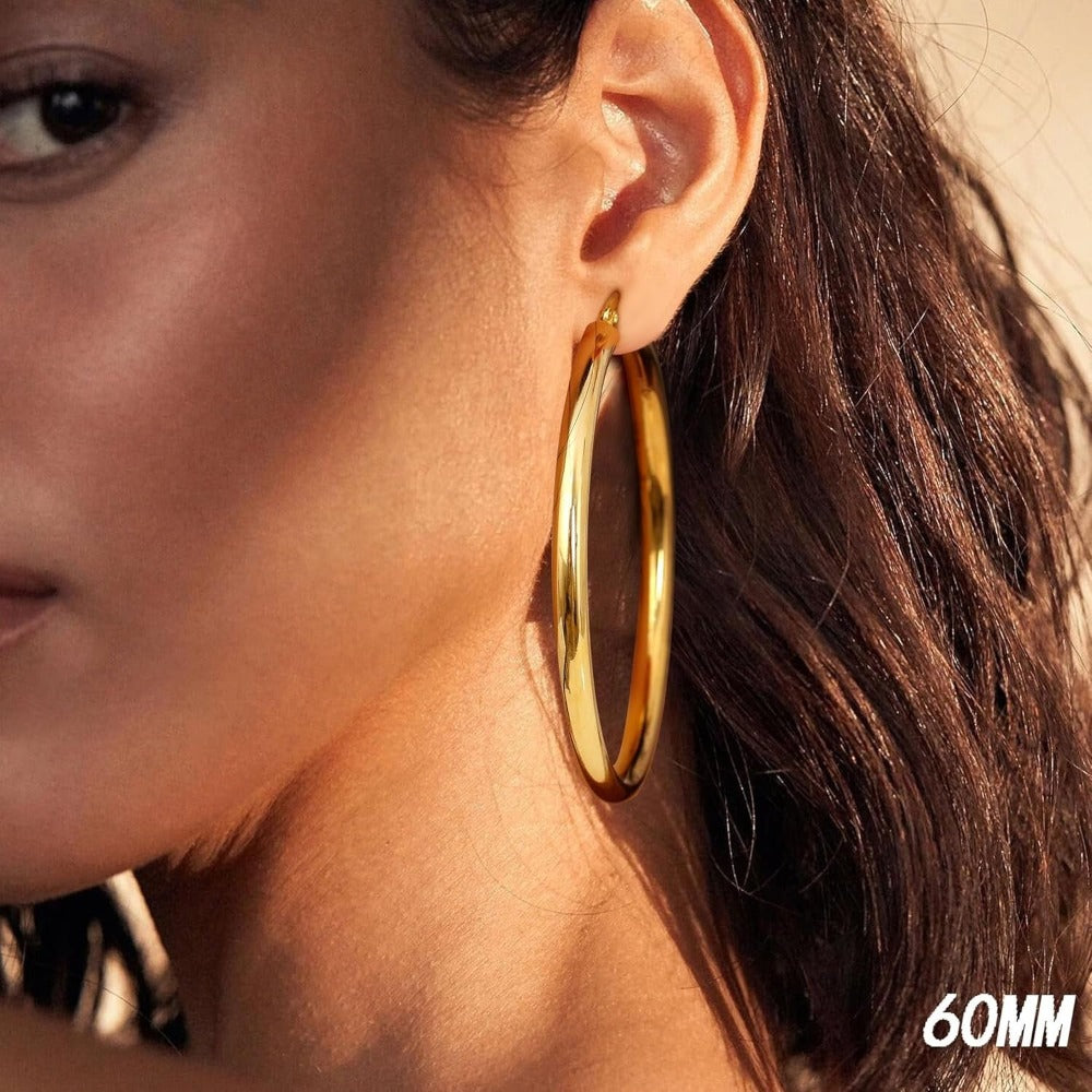 Pendientes de aro plateados de oro de 14K para mujer con poste de plata 925, aros huecos de 4 mm de grosor, aros dorados, aros grandes dorados hipoalergénicos y ligeros de 25/30/40/50/60/70 mm