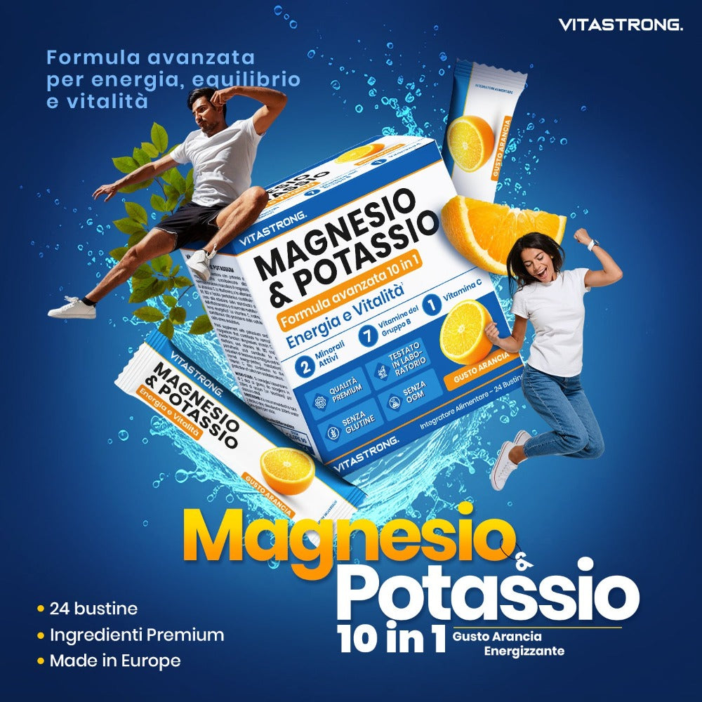 Vitastrong Magnesio y Potasio Fórmula 10 en 1, Sobres de Suplemento Multivitamínico de Potasio y Magnesio, 24 Barras con Vitamina C y Complejo B, Sin Sacarosa, Sin Gluten, Sabor a Naranja