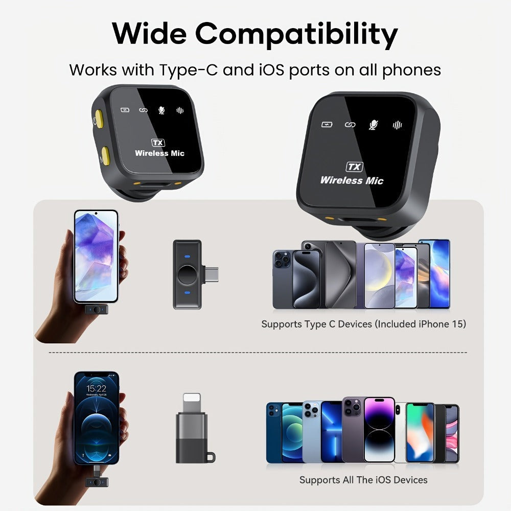 Micrófono Lavalier Inalámbrico para iPhone iPad Android con Estuche de Carga, 80H de Batería, Cancelación de Ruido, Alcance de 49.99 metros, Micrófono de Solapa con Clip Plug-Play para Grabación de Video, Vlog, Transmisión en Vivo