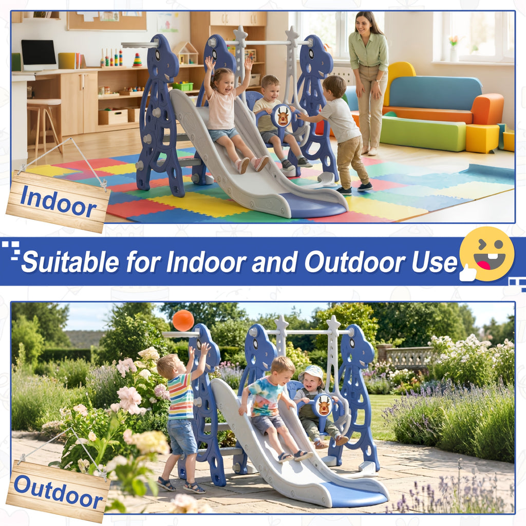 Tobogán infantil 4 en 1, tobogán con columpio y canasta de baloncesto, longitud del tobogán 145 cm, parque infantil multifuncional, para uso en interiores y exteriores, con peldaños y soportes extra anchos