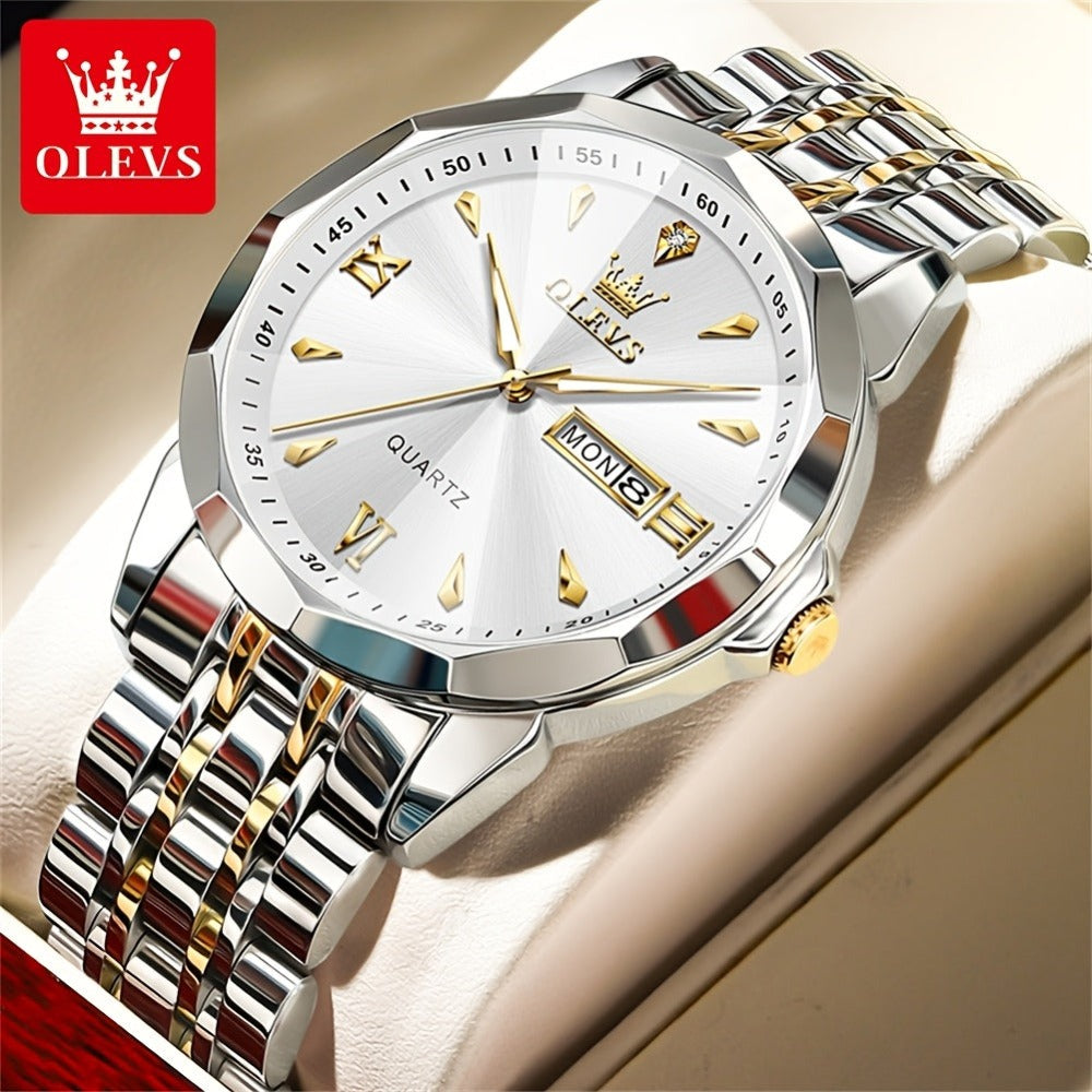 OLEVS Reloj para Hombre Clásico Analógico Cuarzo Cronógrafo Negocios Vestir Relojes de Diamantes de Imitación Elegante Lujo Acero Inoxidable Fase de Luna Calendario Relojes de Hombre Relojes De Hombre Esfera Azul/Negro/Blanco/Gris