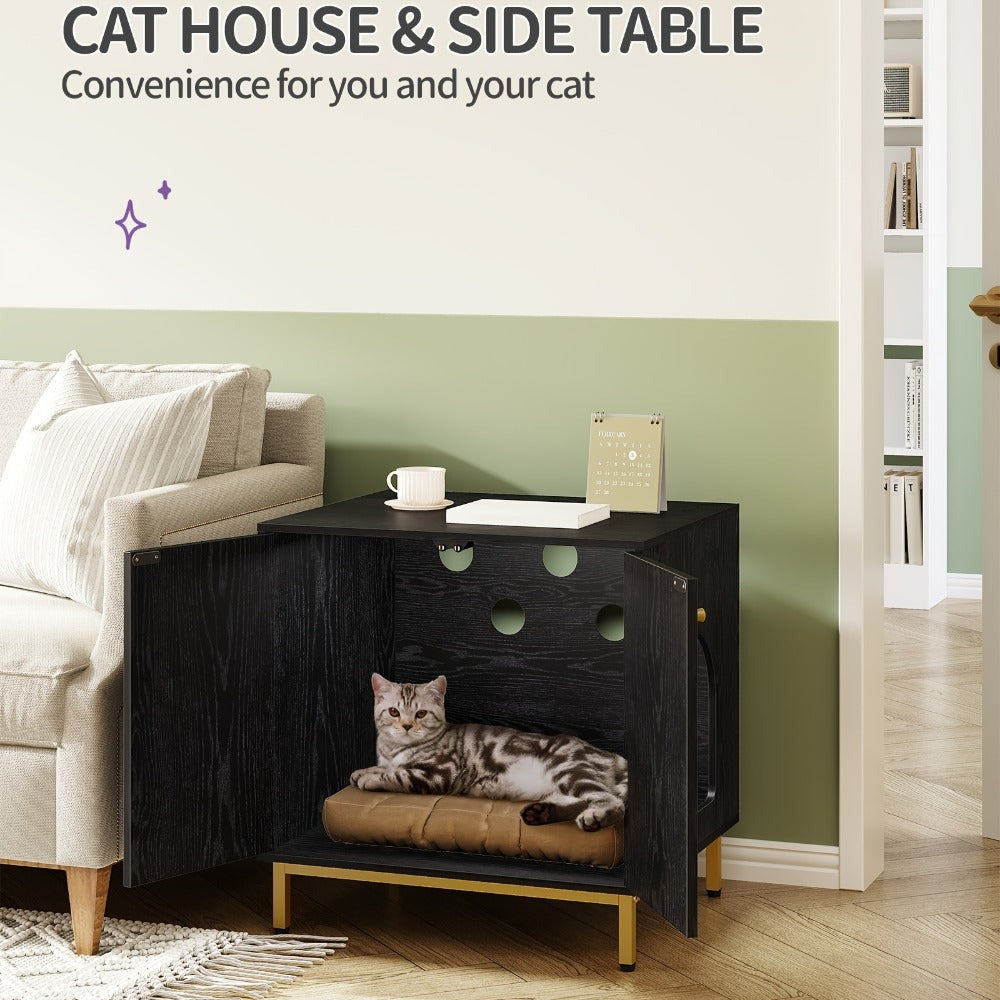 Gabinete para Gatos, Caja de Arena para Gatos, Casa para Gato con Puerta, Mesa Auxiliar de Madera para la Casa del Mascota, 50 X 60 X 61cm, Gabinete Estable para Gatos, Blanco y Dorado