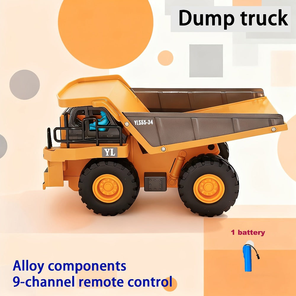 Camión volquete con control remoto, excavadora RC, vehículo de construcción para niños con 9 canales, cama de metal con luz, camión de basura eléctrico de juguete