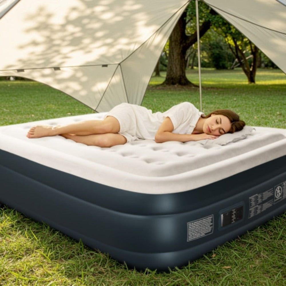 Colchón de camping inflable con parte superior flocada de 203.2*152.4*45.72cm/190.5*99.06*45.72cm, lado y parte inferior de PVC, gris claro y gris oscuro/azul y blanco, con bolsa de transporte y orificios de ventilación, capacidad de peso máxima de 200 kg