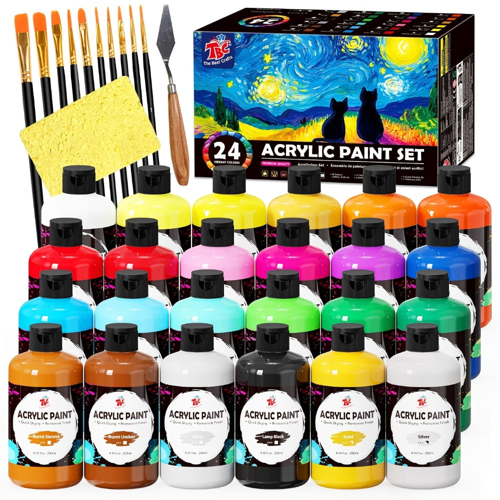 TBC The Best Crafts Juego de 24 Pinceles de Colores, 10 Pinceles Profesionales + Esponja + Cuchillo de Pintura, Incluye 250 ml (8.45 oz) de Pintura Acrílica por Cada Uno, No Tóxico, para Uso Artístico Profesional