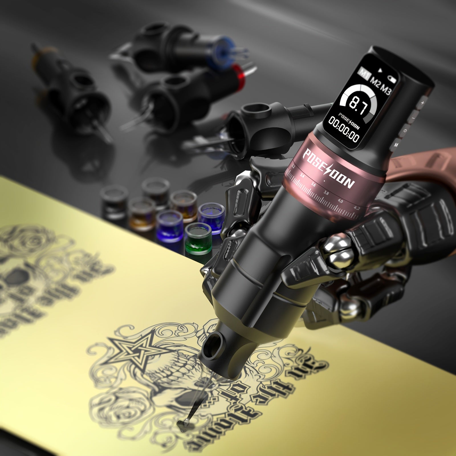 Kit de pluma máquina de tatuaje rotativa inalámbrica POSEIDON, motor sin núcleo de trazo ajustable de 2.4-4.2 mm, dos baterías con pantalla digital de 2300 mAh, viene con 10 agujas de tatuaje y otras adiciones