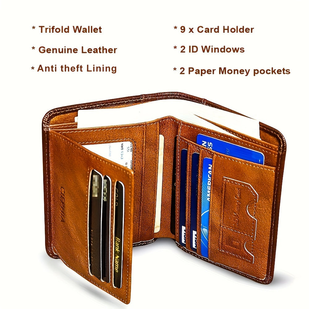 Cartera de Cuero Genuino para Hombre con Juego de Tarjetas de Bendición, Bloqueo RFID, Ultra Delgada, Piel de Vaca de Primera Calidad, Porta Tarjetas de Identificación y Crédito Multifuncional Compacto, Regalo para Navidad, Día de San Valentín y Día del P