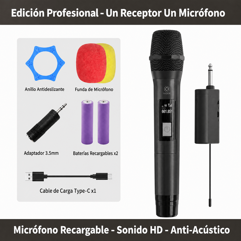 Micrófono Inalámbrico Profesional para Karaoke, Micrófono de Mano Dinámico VHF con Receptor Recargable, Distancia de 15m para Fiestas en Casa, Espectáculos y Cumpleaños, Alta Sensibilidad