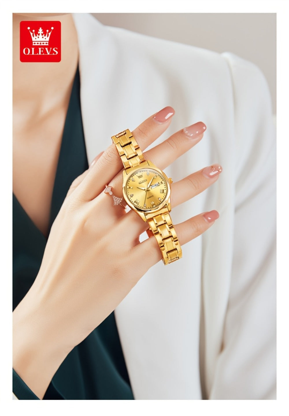Relojes de Mujer OLEVS: Elegantes y de Moda para Negocios, Diseño Femenino para Muñecas Pequeñas, Cara Pequeña, Tono Dorado y Plateado, Correa de Acero Inoxidable, Cuarzo Analógico, Fecha y Día, Luminiscente, Esferas en /Blanco/Dorado/Azul