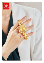 Relojes de Mujer OLEVS: Elegantes y de Moda para Negocios, Diseño Femenino para Muñecas Pequeñas, Cara Pequeña, Tono Dorado y Plateado, Correa de Acero Inoxidable, Cuarzo Analógico, Fecha y Día, Luminiscente, Esferas en /Blanco/Dorado/Azul
