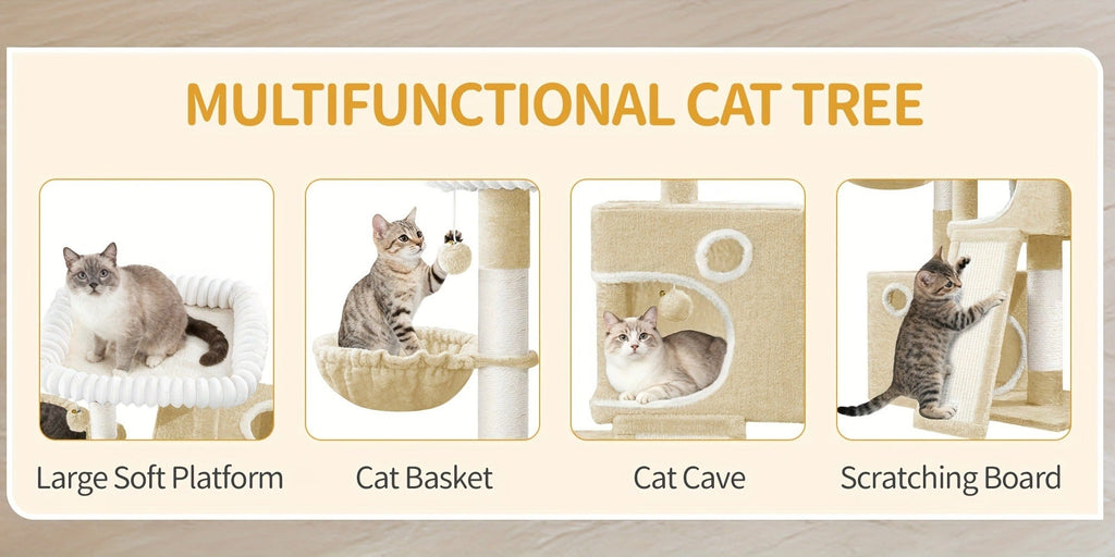 Torre para Gatos Pequeña, 98Cm de Alto, Espaciosa y Robusta, con un Perch Grande Suave, Juguetes de Felpa, Escondites, Postes para Rascar, Alfombrilla para Rascar Gatos, Disponible en Gris Claro/Gris Oscuro/Beige
