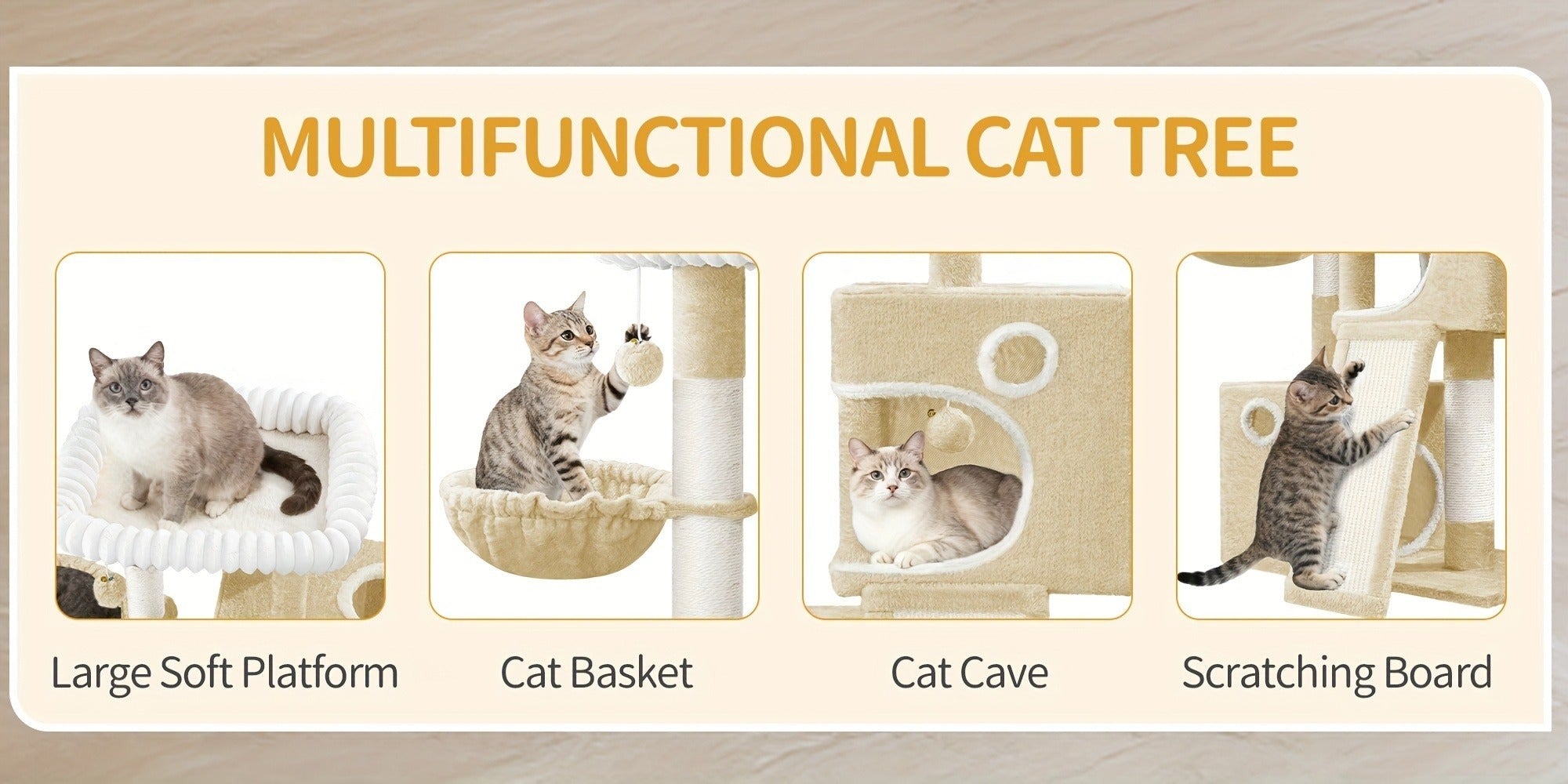 Torre para Gatos Pequeña, 98Cm de Alto, Espaciosa y Robusta, con un Perch Grande Suave, Juguetes de Felpa, Escondites, Postes para Rascar, Alfombrilla para Rascar Gatos, Disponible en Gris Claro/Gris Oscuro/Beige