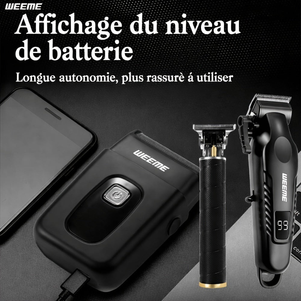 Kit de aseo eléctrico WEEME para hombre, , 3 piezas - Cortapelos + Recortador de barba + Máquina de afeitar eléctrica, carga USB, pantalla LCD de nivel de batería, ideal para peinado/afeitado/esculpir, uso en casa y viajes familiares en coche, regalo del