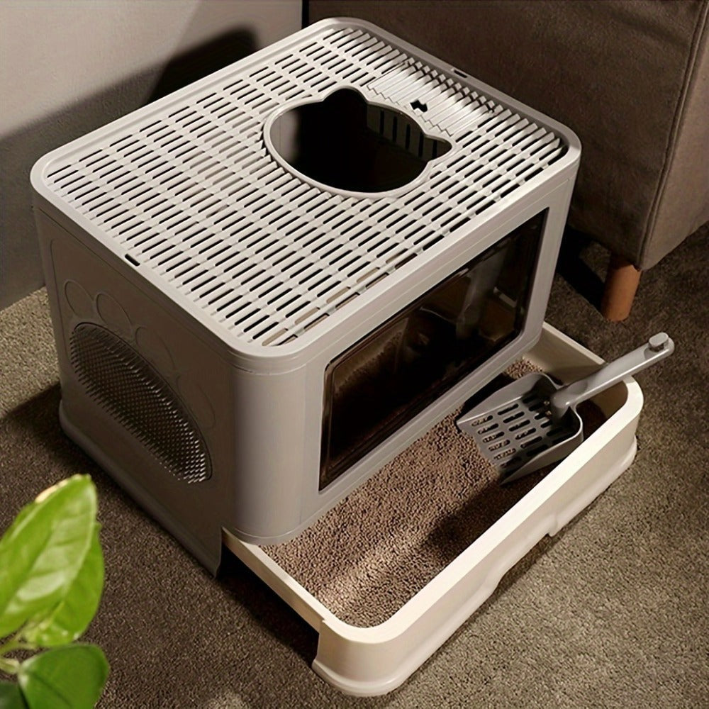 Caja de arena cerrada para gatos, cajas de arena con entrada frontal y salida superior, bandeja de arena extraíble con masajeador, pala para arena, para gatitos, diseño desmontable