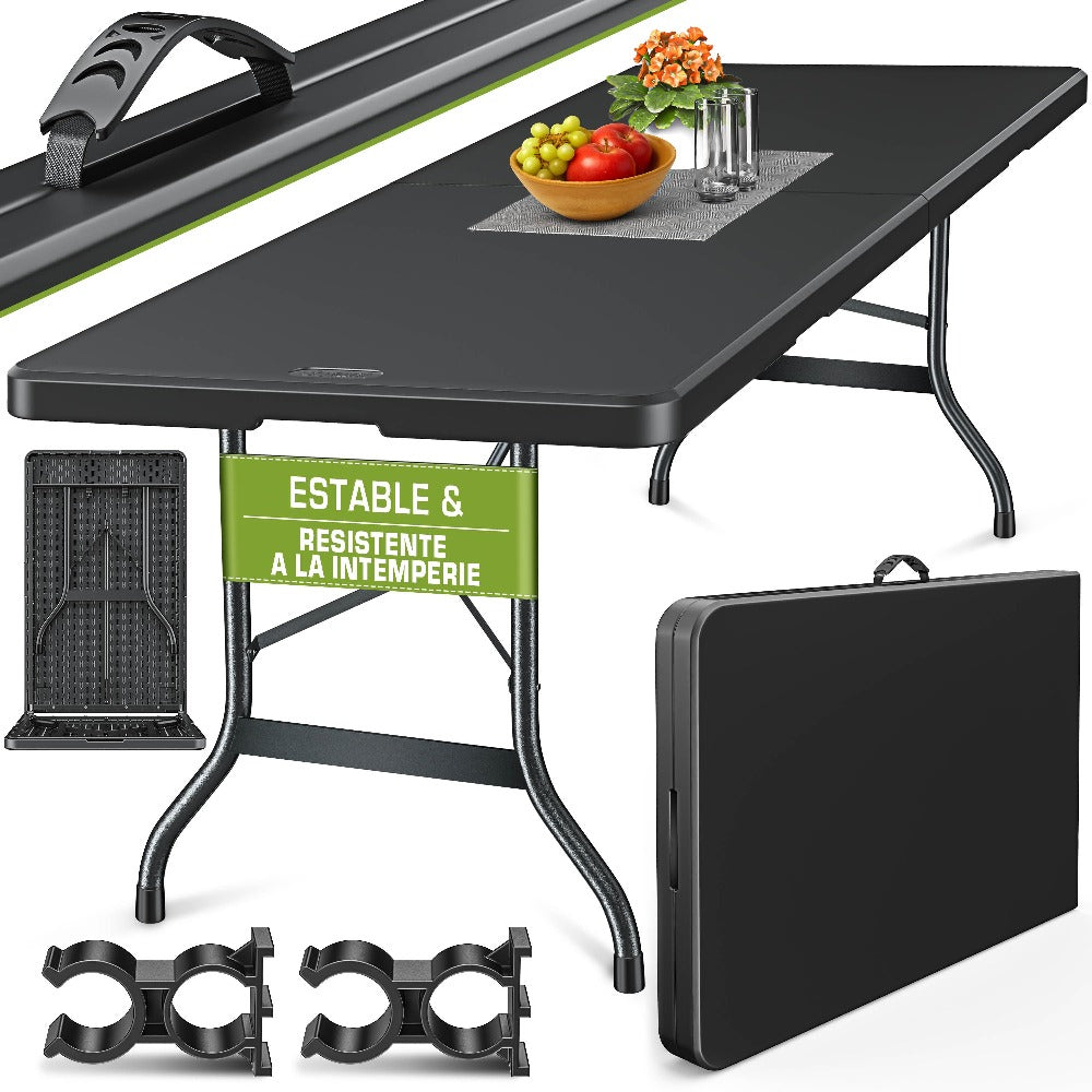 tillvex® Mesa de jardín plegable 180x75cm, resistente a la intemperie | Mesa de camping y buffet de plástico con asa | Para jardín, terraza, camping, balcón, 6 personas, negro