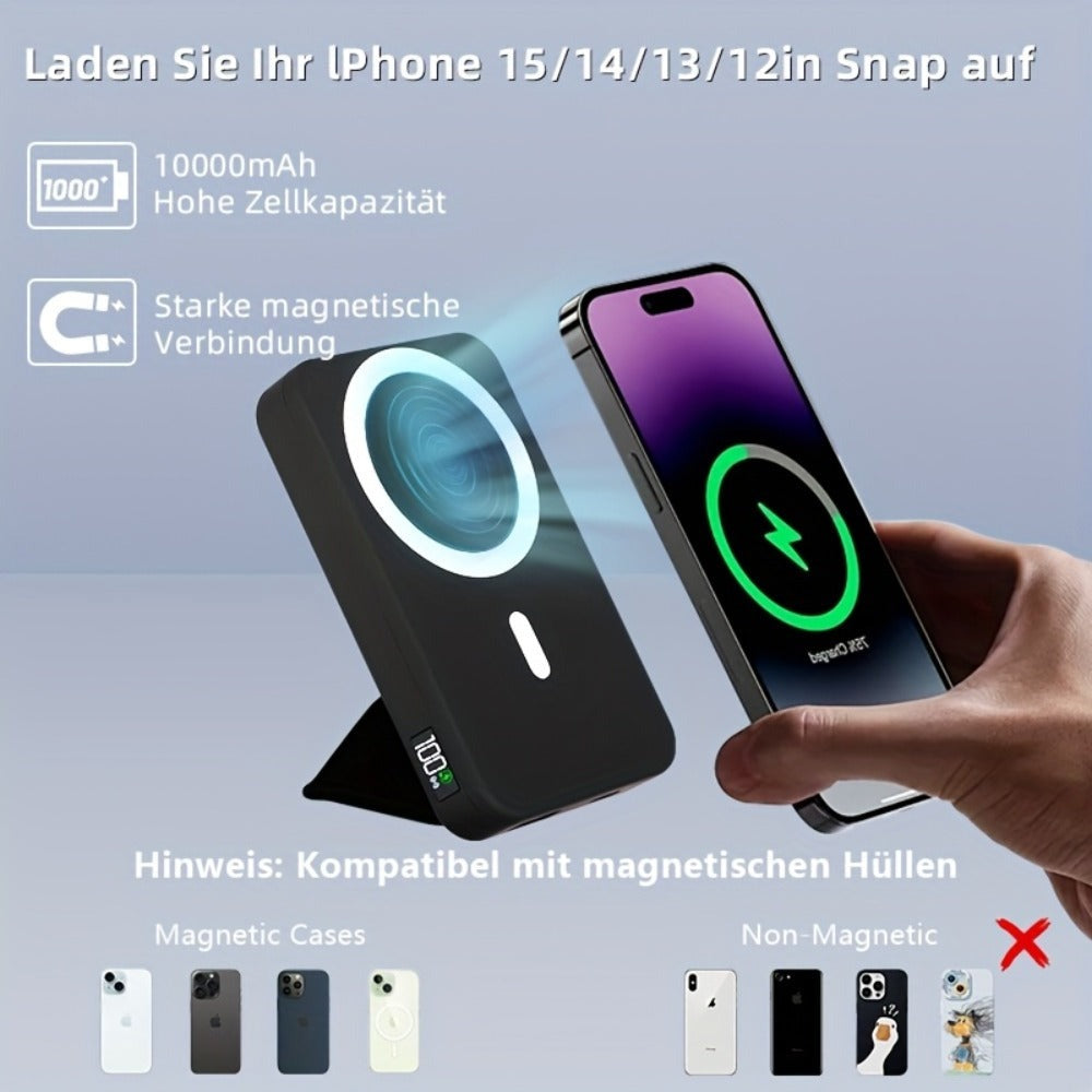 Batería Magnética, Cargador Inalámbrico Portátil Magnético Plegable de 10000Mah con Soporte y USB-C (Laterales), Exclusivo para iPhone 15/15 Plus/15 Pro/15 Pro Max, para iPhone 14/13 Serie