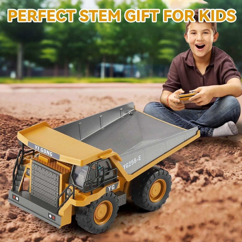 Camión volquete con control remoto, excavadora RC, vehículo de construcción para niños con 9 canales, cama de metal con luz, camión de basura eléctrico de juguete
