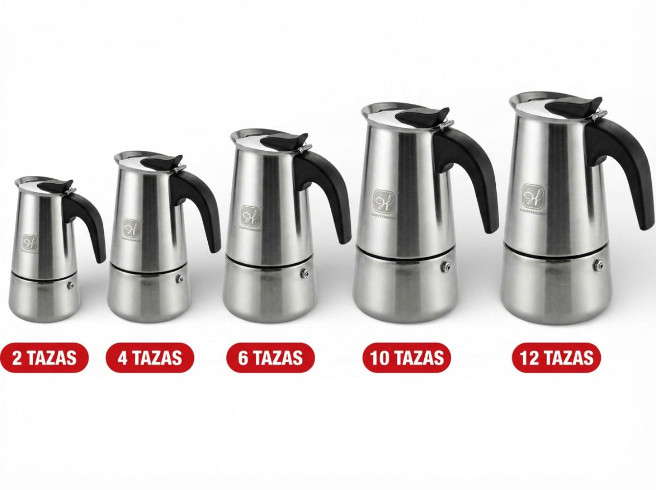 Cafetera Italiana de Acero Inoxidable para Espresso, Cafetera Moka Clásica, Mango Ergonómico de Agarre Frío, Ideal para Gas y Eléctrica (No apta para inducción Vitrocerámica), 2-12 tazas- Happy Friends