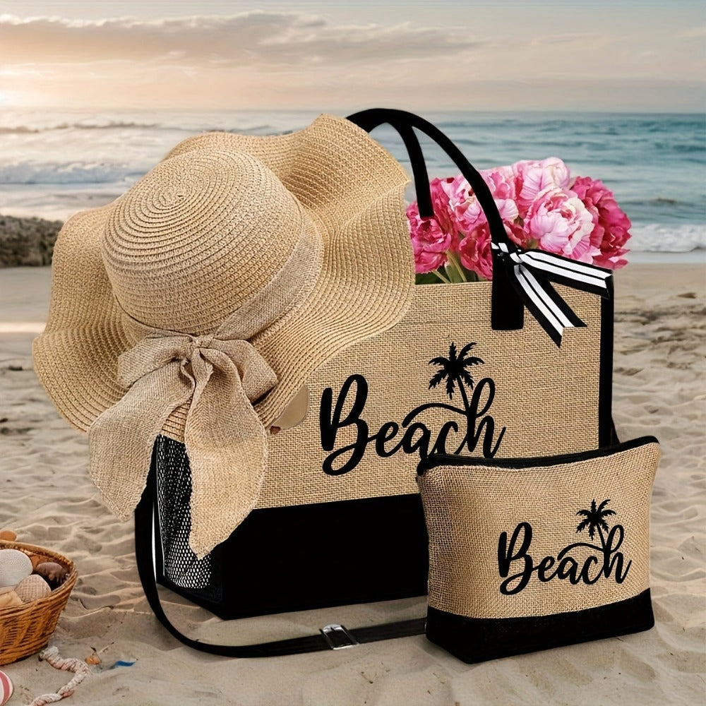 Bolso de Playa para Mujer, con un Diseño Moderno de "Beach" y Sombrero de Playa, Ideal para Vacaciones en la Playa y Bodas al Aire Libre. Un Regalo Perfecto para Mujeres, Madres, Estudiantes y para el Regreso a Clases