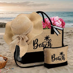 Bolso de Playa para Mujer, con un Diseño Moderno de "Beach" y Sombrero de Playa, Ideal para Vacaciones en la Playa y Bodas al Aire Libre. Un Regalo Perfecto para Mujeres, Madres, Estudiantes y para el Regreso a Clases