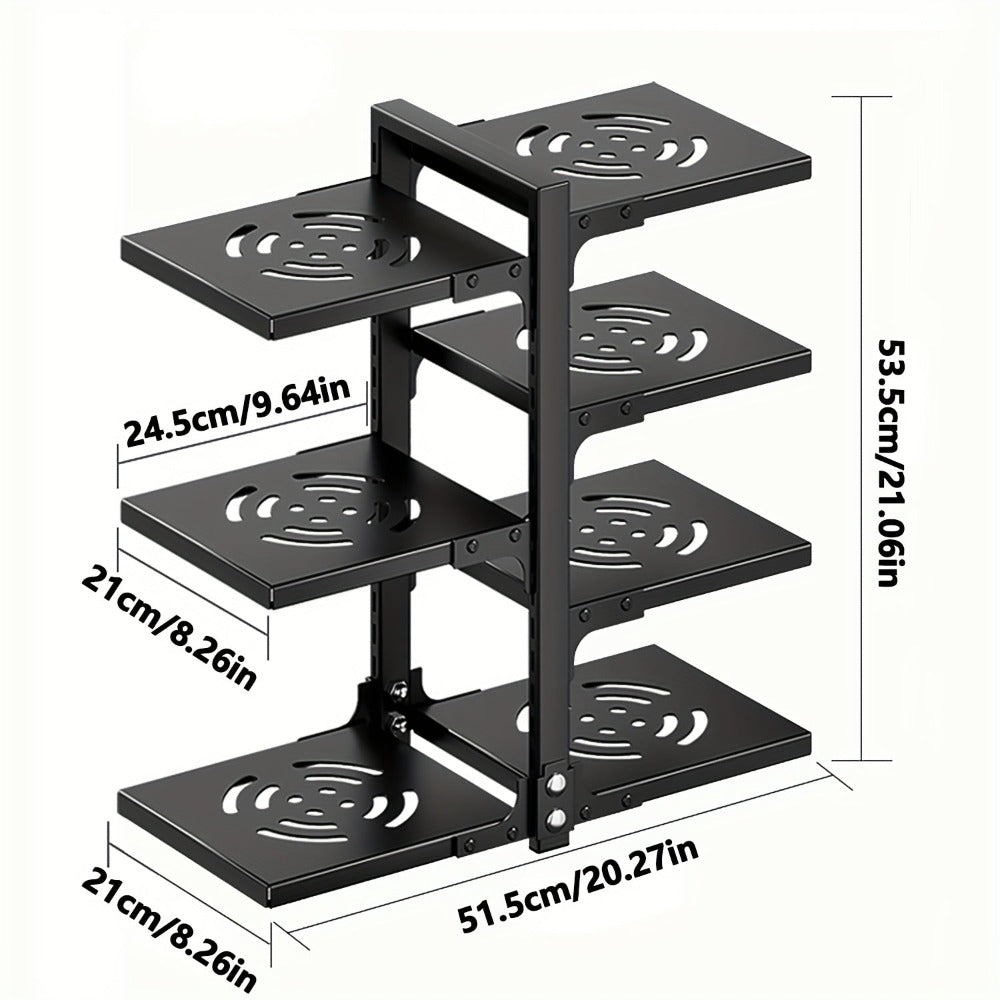 Un estante para ollas robusto con características ajustables y 7 niveles diseñado para guardar ollas, ideal para gabinetes y versátil para usar en encimeras de cocina así como en gabinetes