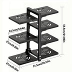 Un estante para ollas robusto con características ajustables y 7 niveles diseñado para guardar ollas, ideal para gabinetes y versátil para usar en encimeras de cocina así como en gabinetes