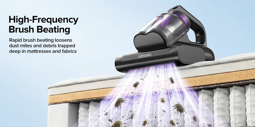 Aspiradora Lubluelu para ácaros del polvo de colchón, aspiradora de cama 3 en 1 con motor de 350W, succión de 24kPa, flujo de aire de 100AW, eliminación de ácaros con tecnología de ondas de sonido, cepillo giratorio, secado con aire caliente, depósito de