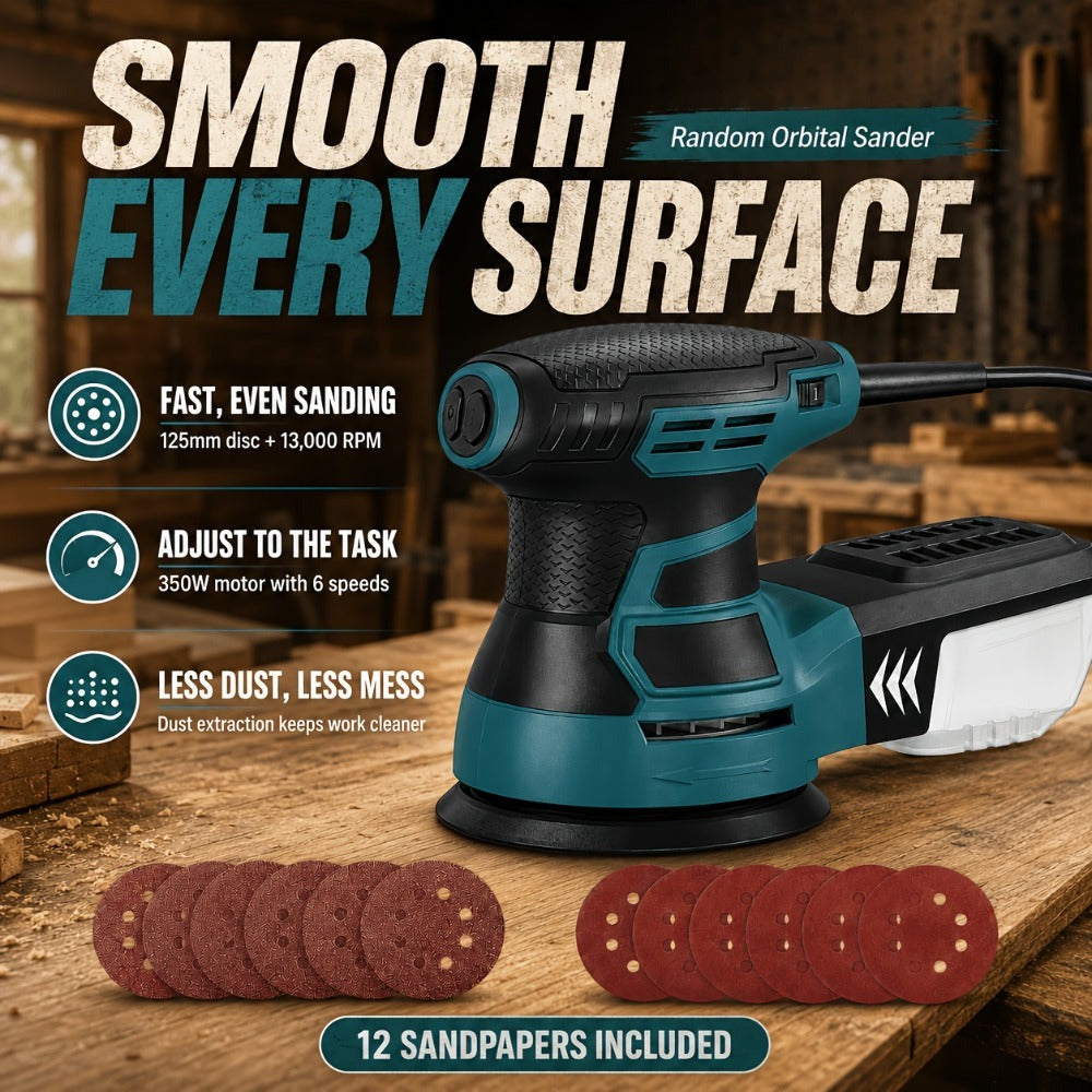 Lijadora orbital aleatoria de 385 W, 6 velocidades ajustables, 13000 RPM, 12 lijas, disco de 125 mm, extracción de polvo, ideal para madera y superficies