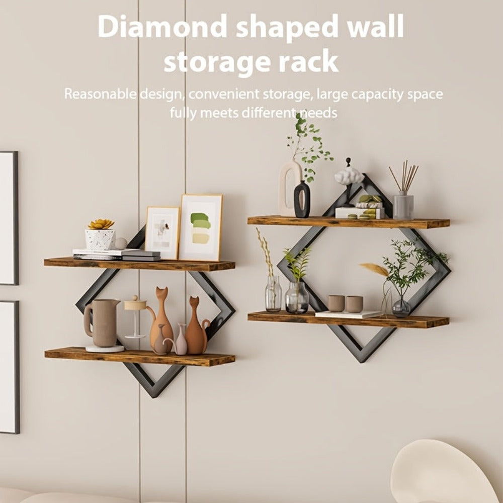 Juego de 2 Estantes de Madera Montados en la Pared - Estante de Almacenamiento Rústico Moderno de Doble Capa, Unidad de Estantería Vertical Ahorradora de Espacio Adecuada para Sala de Estar, Oficina, Dormitorio - Instalación, Madera