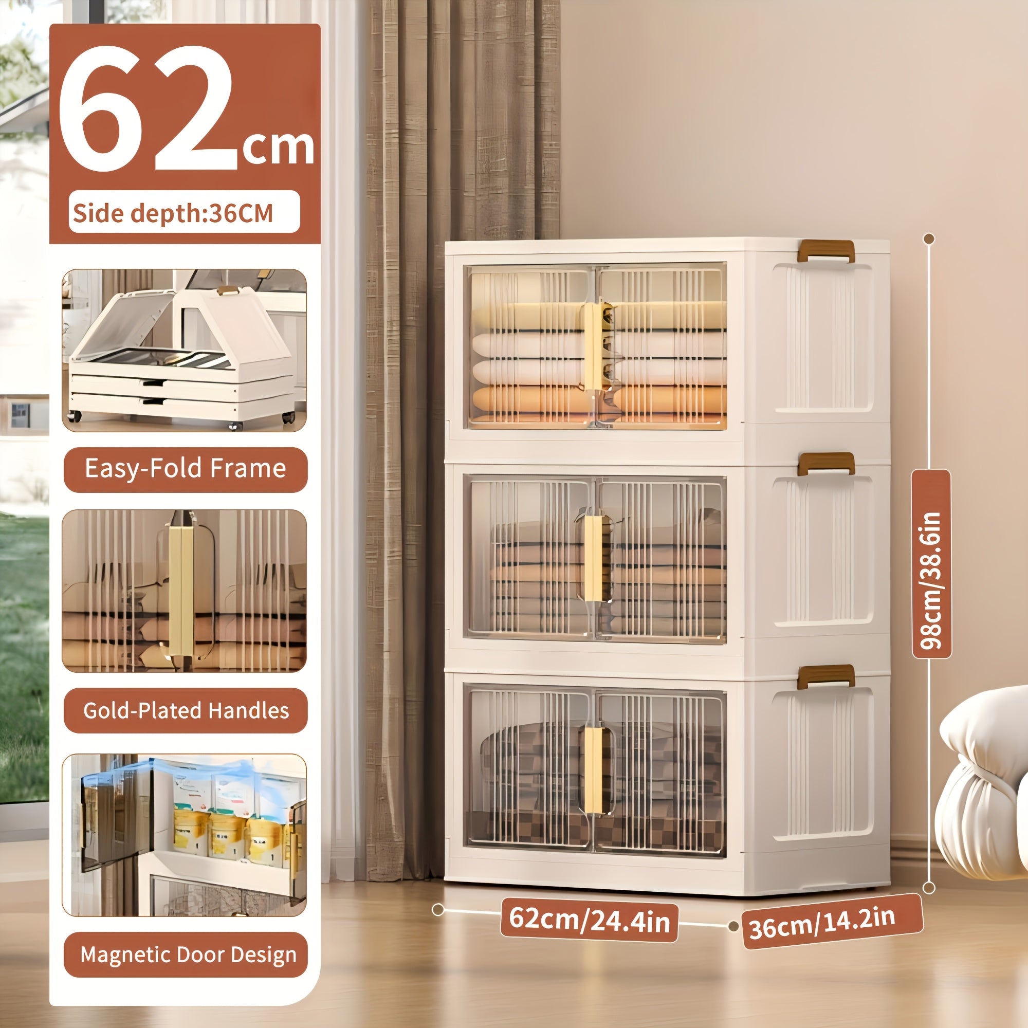 Armario de almacenamiento plegable extragrande de 74 cm con ruedas, puertas magnéticas y paneles transparentes, unidad organizadora de plástico apilable para dormitorio, sala de estar, oficina, despensa y documentos