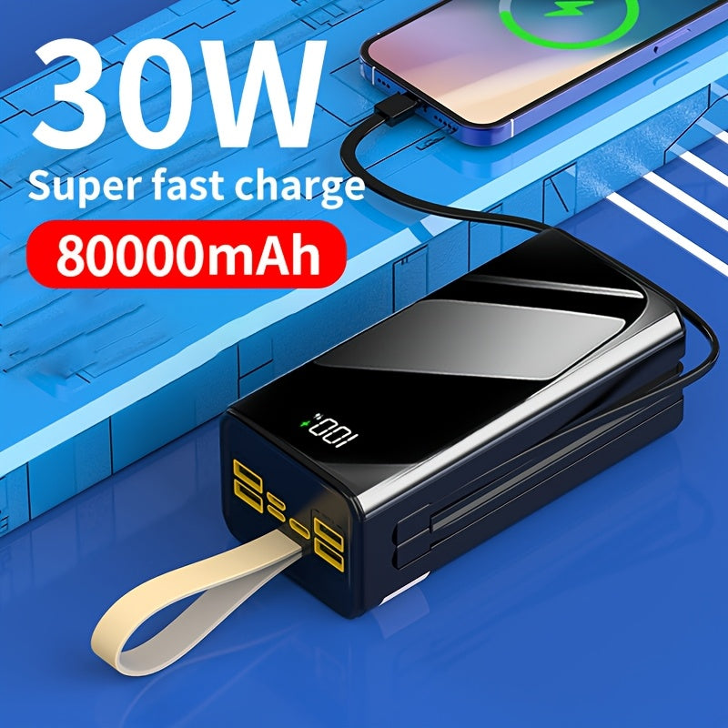 Batería externa | Banco de Energía Portátil de Gran Capacidad 80000mAh, Carga Rápida PD30W, Cable de Datos Integrado/Pantalla LED de Energía