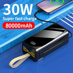Batería externa | Banco de Energía Portátil de Gran Capacidad 80000mAh, Carga Rápida PD30W, Cable de Datos Integrado/Pantalla LED de Energía