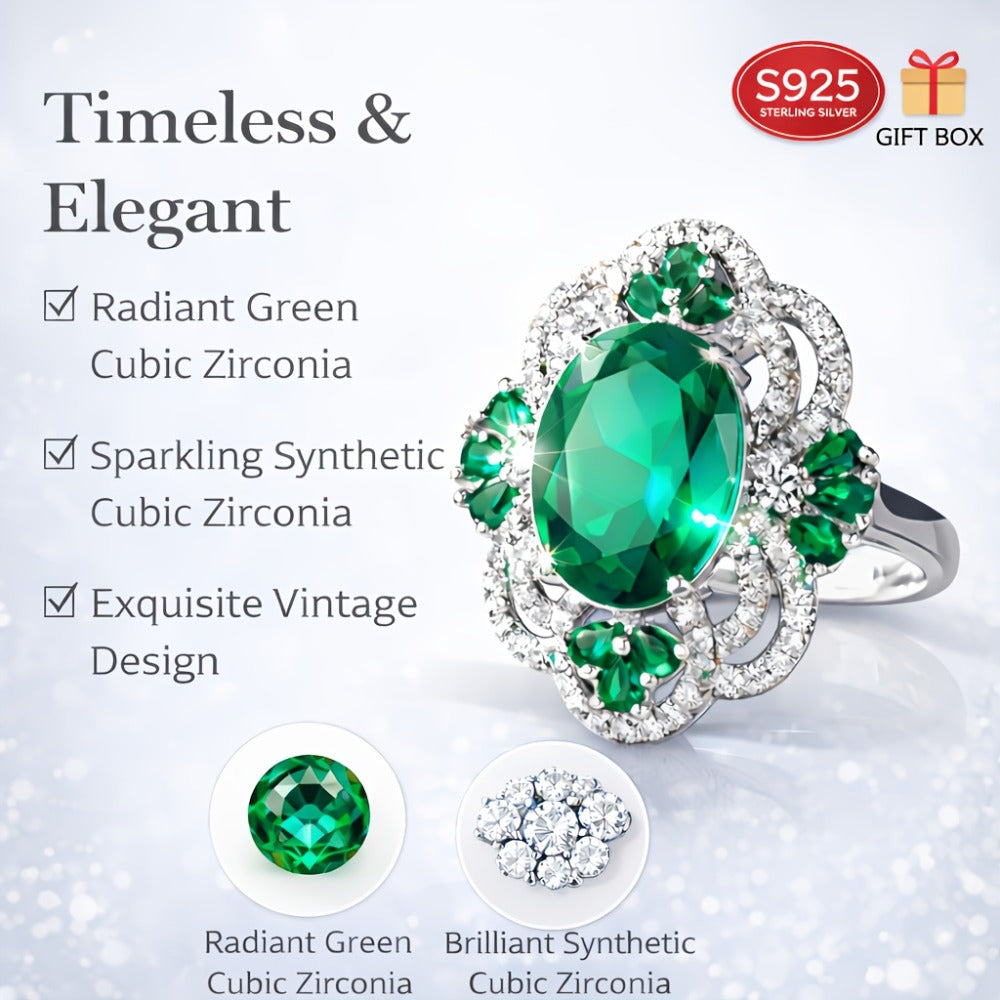 Anillo abierto ajustable para mujer S925, 4 quilates de circonita sintética verde creada en laboratorio, noble y lujoso, adecuado para bodas y banquetes, regalo de San Valentín, con caja de regalo premium
