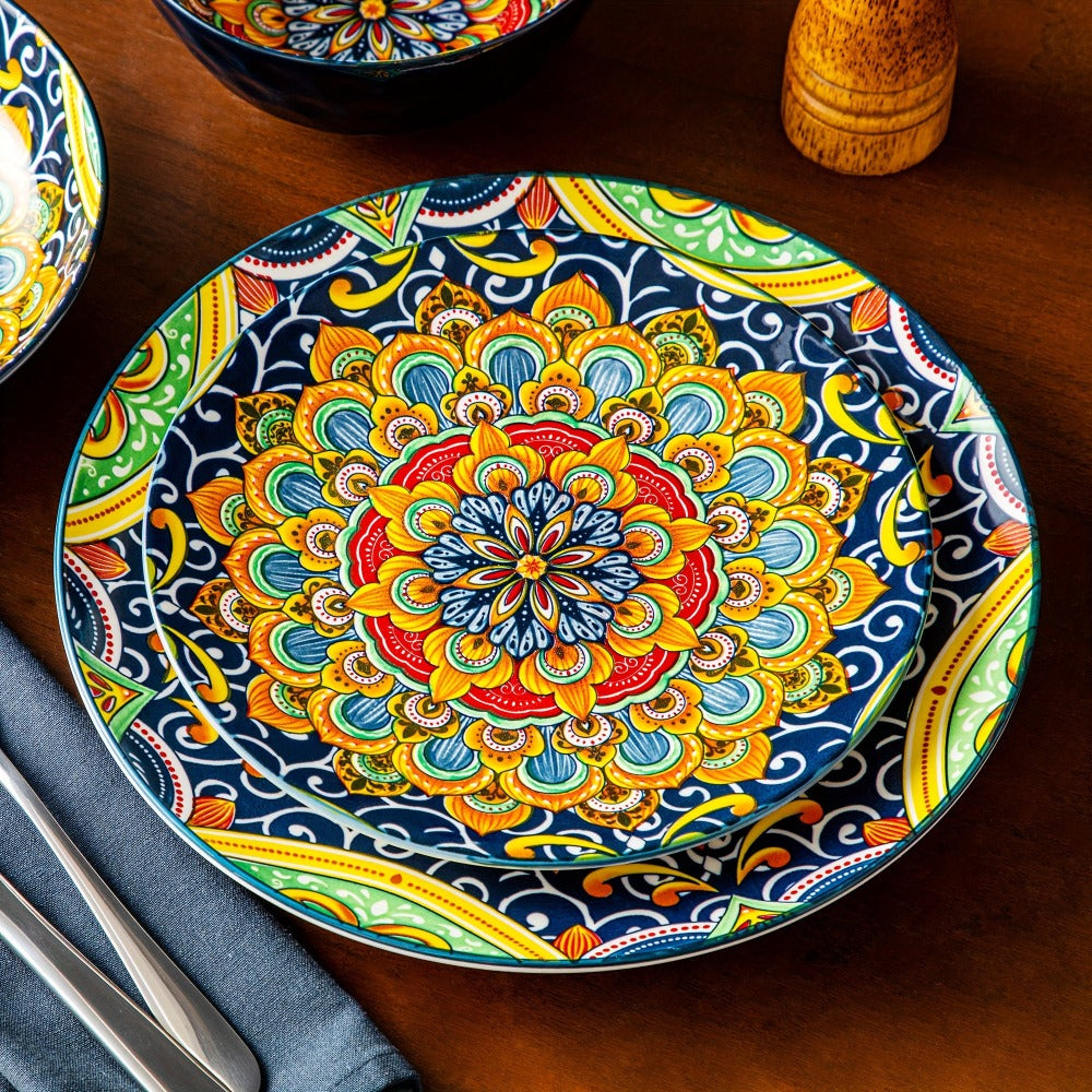 Juego de 24 Piezas de Vajilla Estilo Bohemio con Plato Principal, Platos para Postre y Tazones para Pasta o Cereal, Servicio para 6 Personas