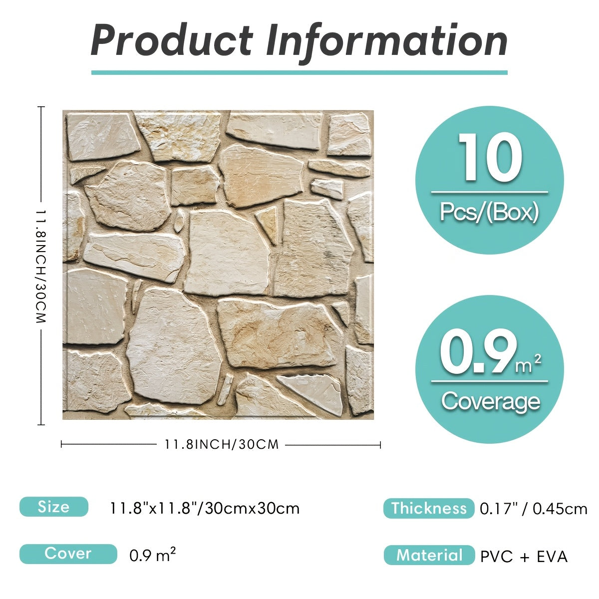 Este paquete incluye diez paneles de pared 3D autoadhesivos con una superficie de PVC tipo piedra, cada uno de 30 por 30 centímetros, diseñados para decorar paredes interiores.