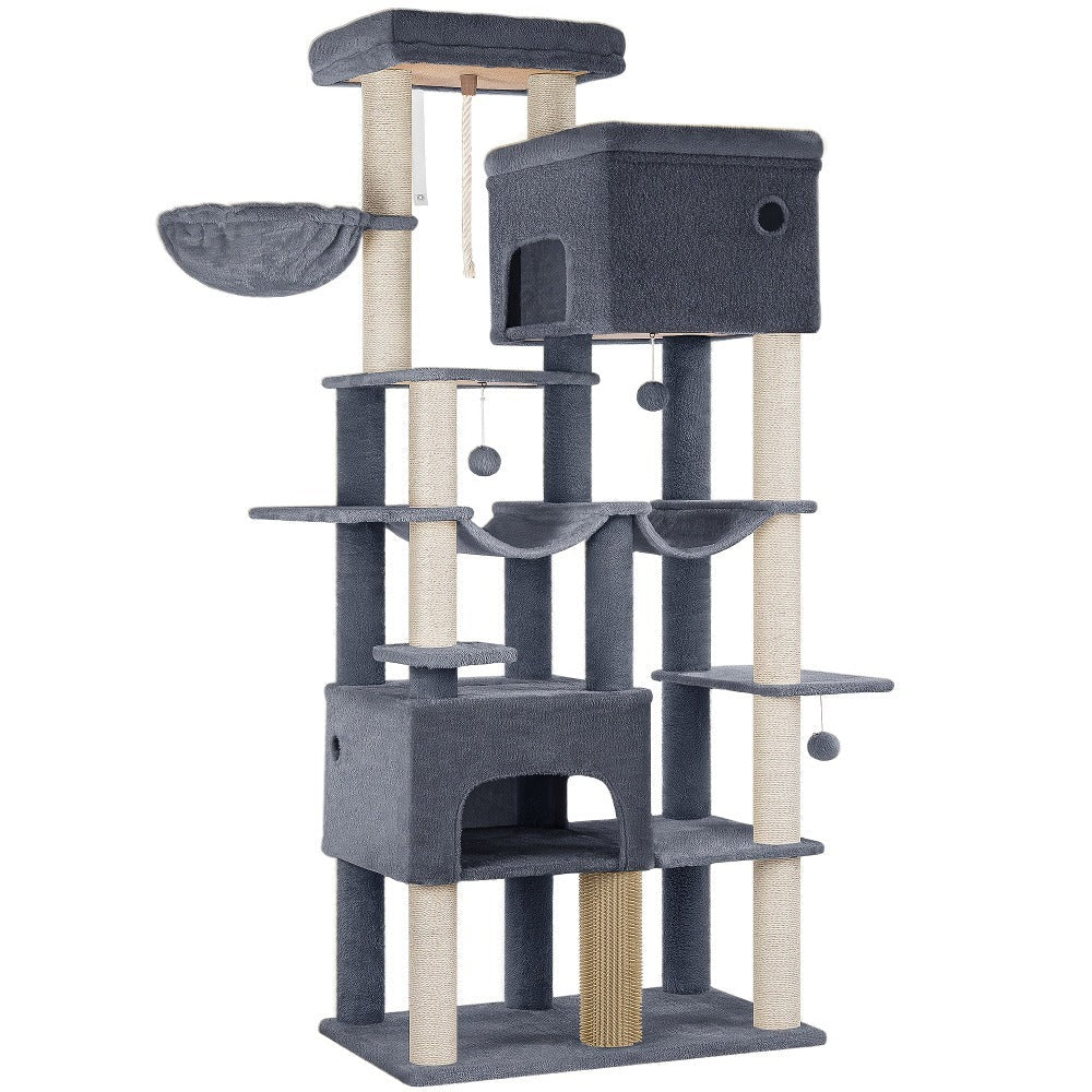 Árbol para gatos, Árbol para gatos XXL de 200 cm con 10 postes para rascar, 2 cuevas, 2 hamacas, plataforma grande, cepillo para gatos, cesta, árbol para gatos resistente para Maine Coon y gatos más grandes, gris claro/gris oscuro/beige
