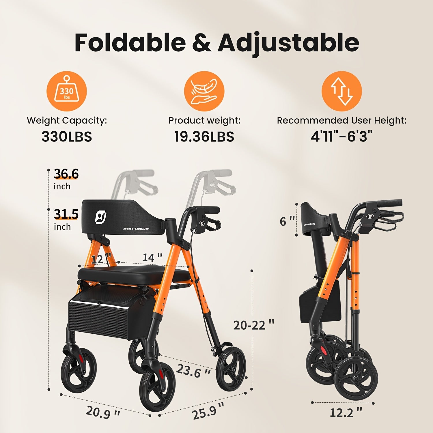 Andador rollator plegable con asiento 136.08 kg 20.32 cm | Movilidad, paseo y apoyo diario