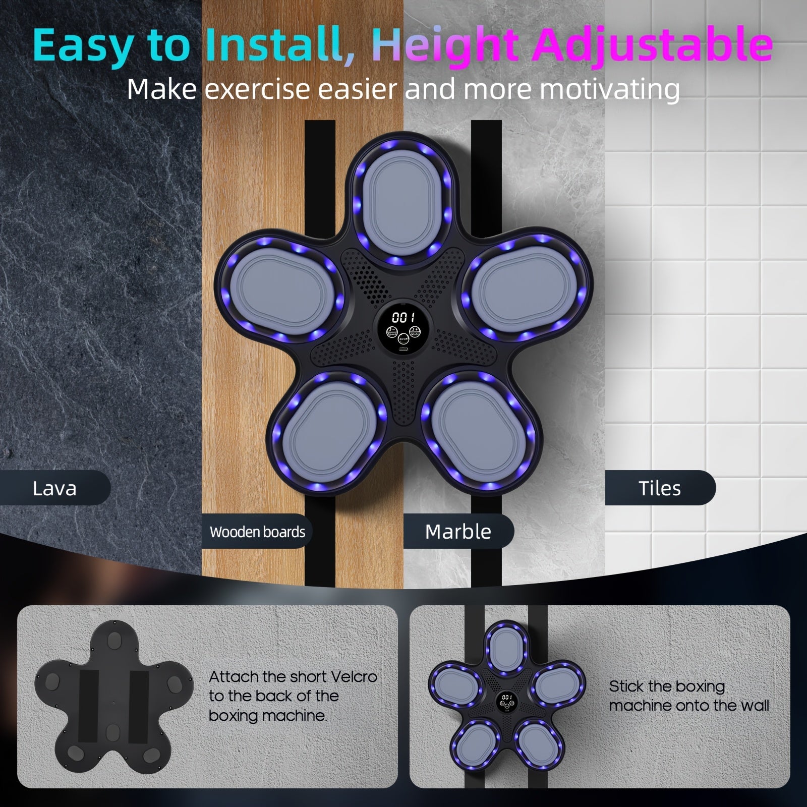 Máquina de Boxeo Musical Interactiva con Guantes, Carga USB, Material PE - Equipo de Entrenamiento en Casa y Reflejos para Adultos, Montaje en Pared, Negro