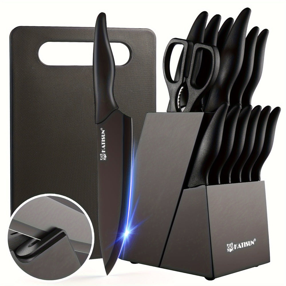 Juego de cuchillos de cocina de acero inoxidable con revestimiento antiadherente, juego de 15 cuchillos de cocina profesionales con bloque de madera negra, mango de ABS antideslizante para cuchillos de chef, tabla de cortar de plástico y tijeras de cocina