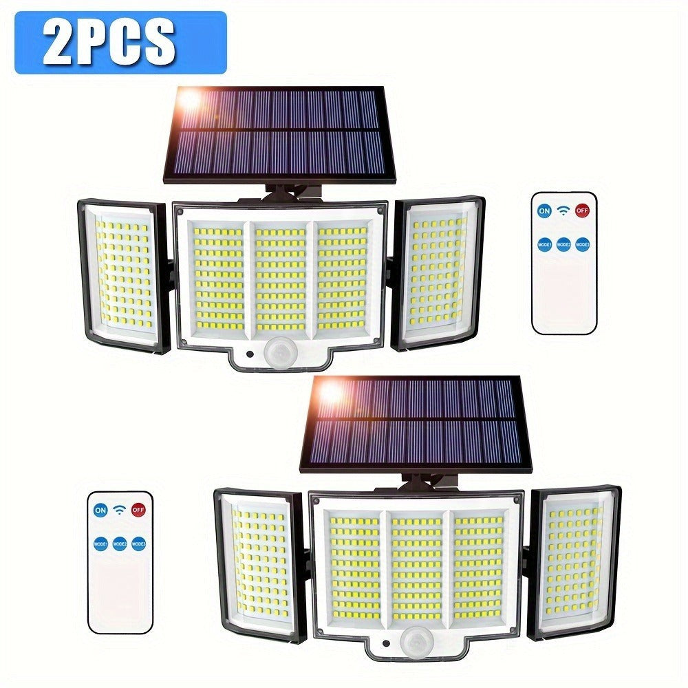 Juego de 2/4 piezas de luz solar para exterior, luz solar con sensor de movimiento de 348 LED y control remoto, luz de pared solar con 3 modos de iluminación, reflector de seguridad de gran angular de 270°, para porche, patio, jardín, garaje, pasillo, ter