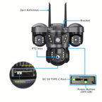 Cámara solar con WiFi V380 PRO de 3 lentes, 1080P, resistente al agua, HD, para exteriores, CCTV, visión nocturna, audio bidireccional, cámara de red con seguimiento de movimiento, cámara PTZ, seguimiento automático, alarma y visión nocturna en color, rot