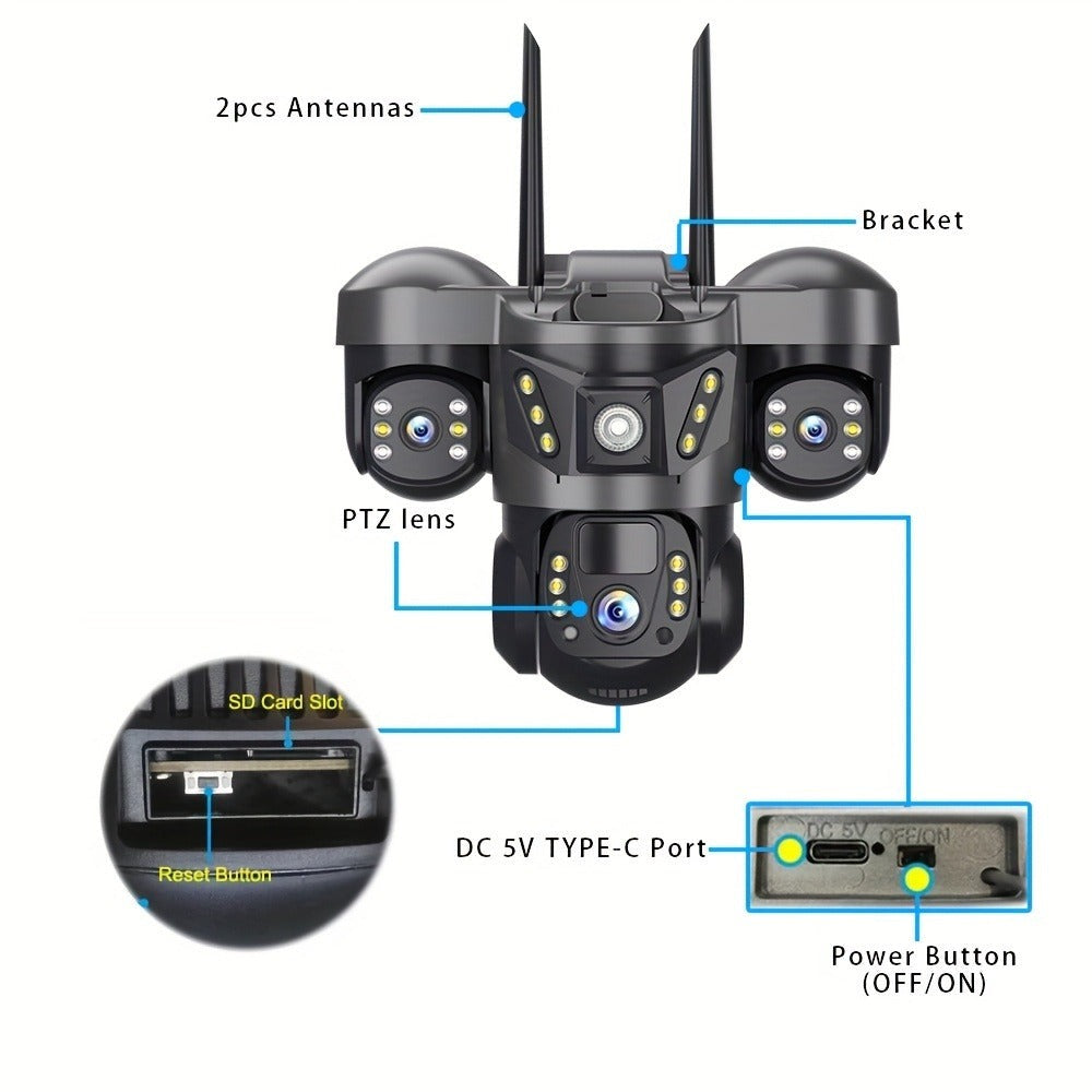 Cámara solar con WiFi V380 PRO de 3 lentes, 1080P, resistente al agua, HD, para exteriores, CCTV, visión nocturna, audio bidireccional, cámara de red con seguimiento de movimiento, cámara PTZ, seguimiento automático, alarma y visión nocturna en color, rot