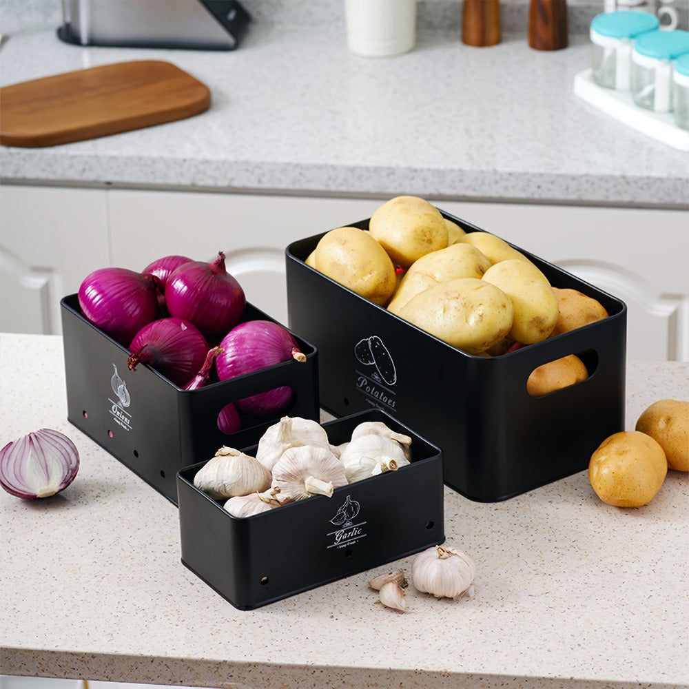 Juego de 3 Contenedores para Almacenar Patatas, Cebollas y Ajo | Conservador de Frescura de Alimentos a Prueba de Humedad y Brotes | Organizador de Cocina Ventilado de Grado Alimenticio | Cajas para Almacenar Verduras | Esencial para el Despensa del Hogar